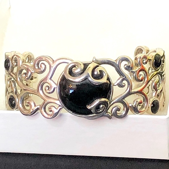 BARSE Black Onyx Cabochon Sterling Silver Scroll Filigree Cuff Bracelet MINT - Picture 4 of 15